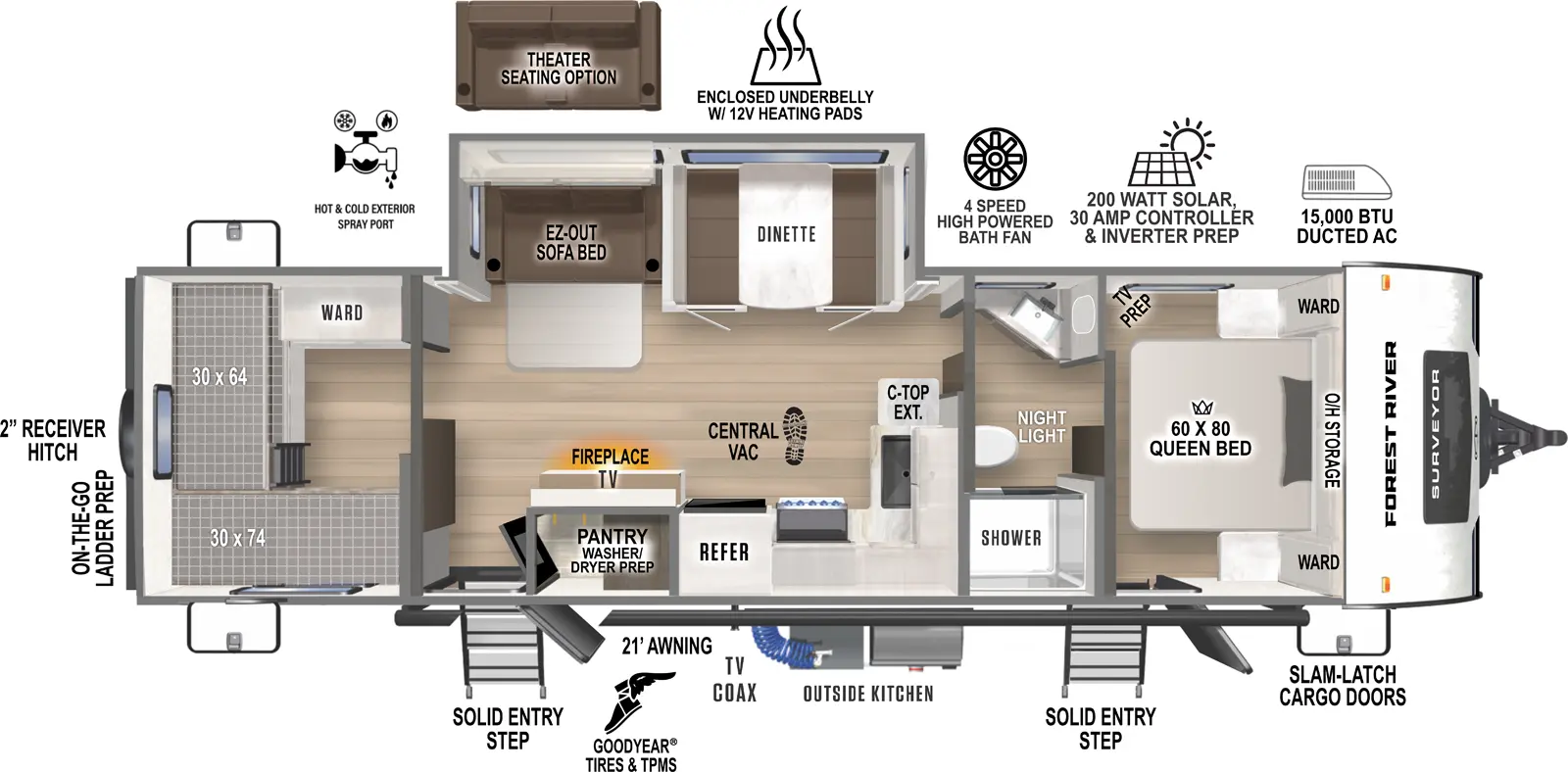 The Surveyor Legend 296QBLE has two entries and one slide out. Exterior features include: fiberglass exterior, 21' awning and outside kitchen. Interiors features include: bunk beds, front bedroom and pass through bathroom.